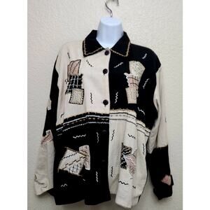Vintage Sara Studio Black Beige Color Block Embroidered Button Top Large Soft